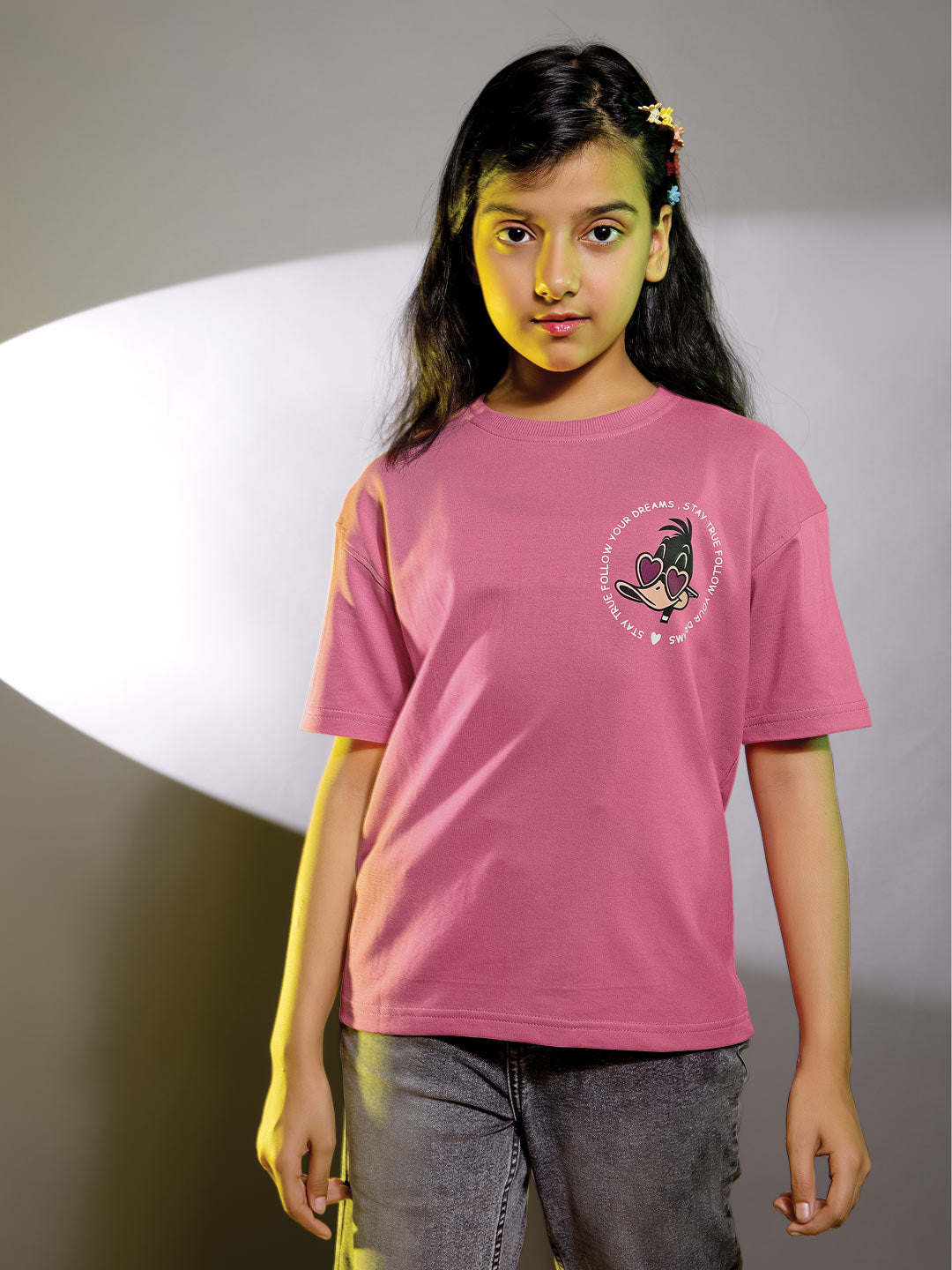 Looper z girls printed down shoulder t-shirt color rosy pink