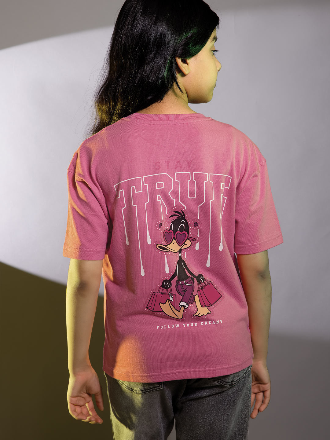 Looper z girls printed down shoulder t-shirt color rosy pink