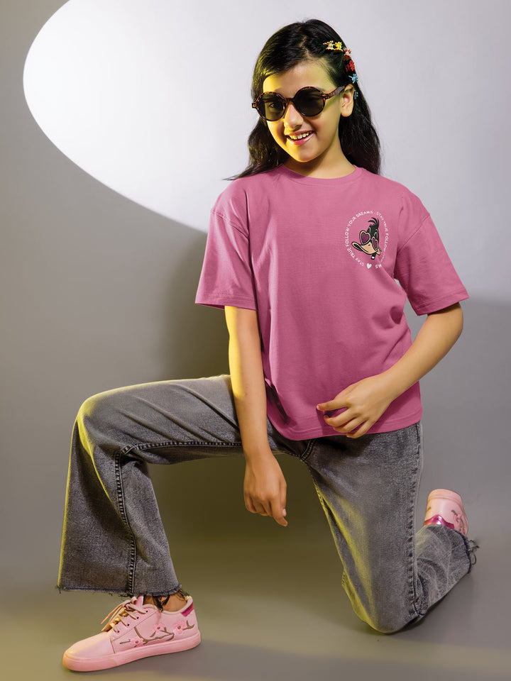 Looper z girls printed down shoulder t-shirt color rosy pink