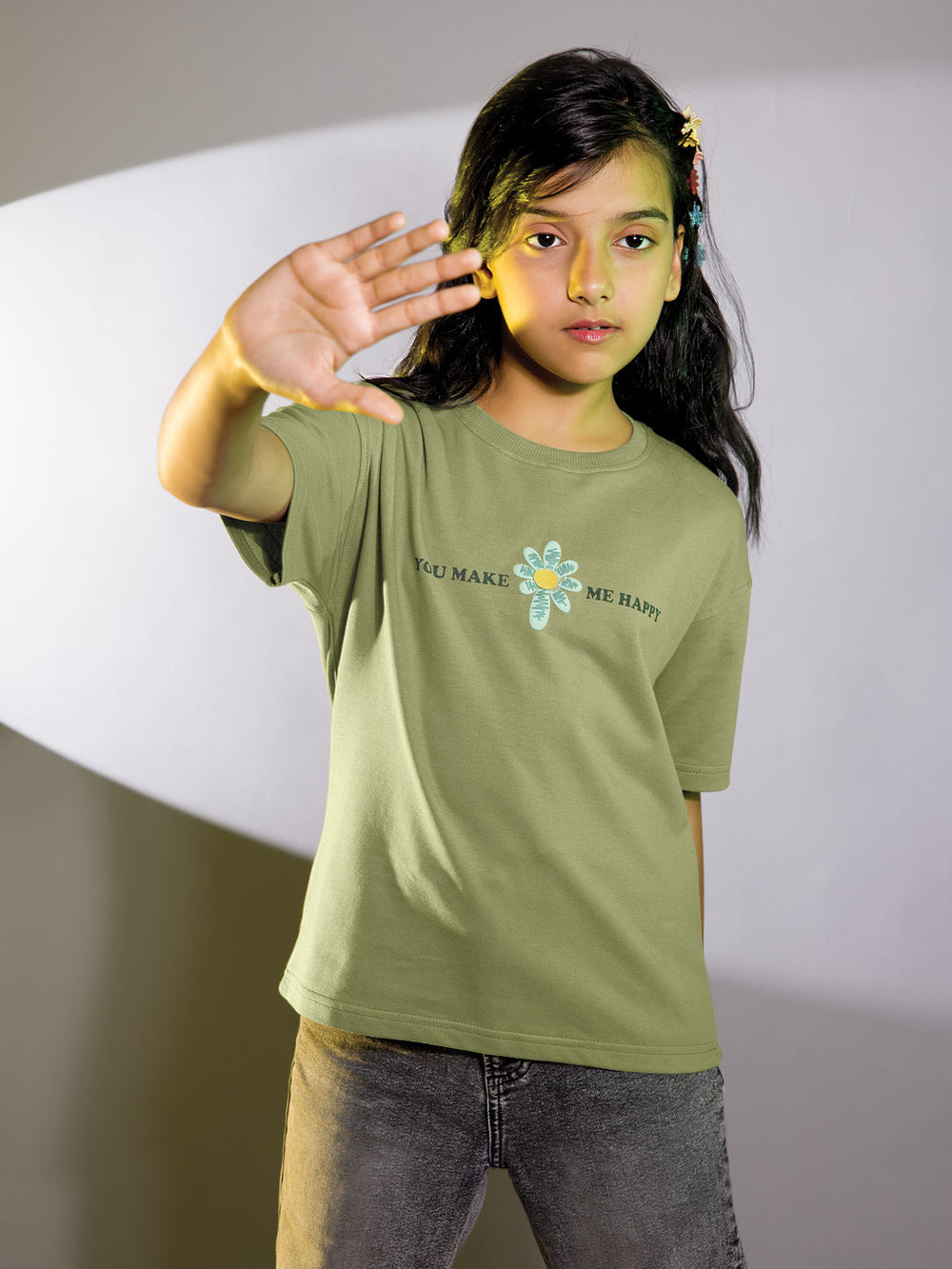 Looper z girls printed down shoulder t-shirt color sage green