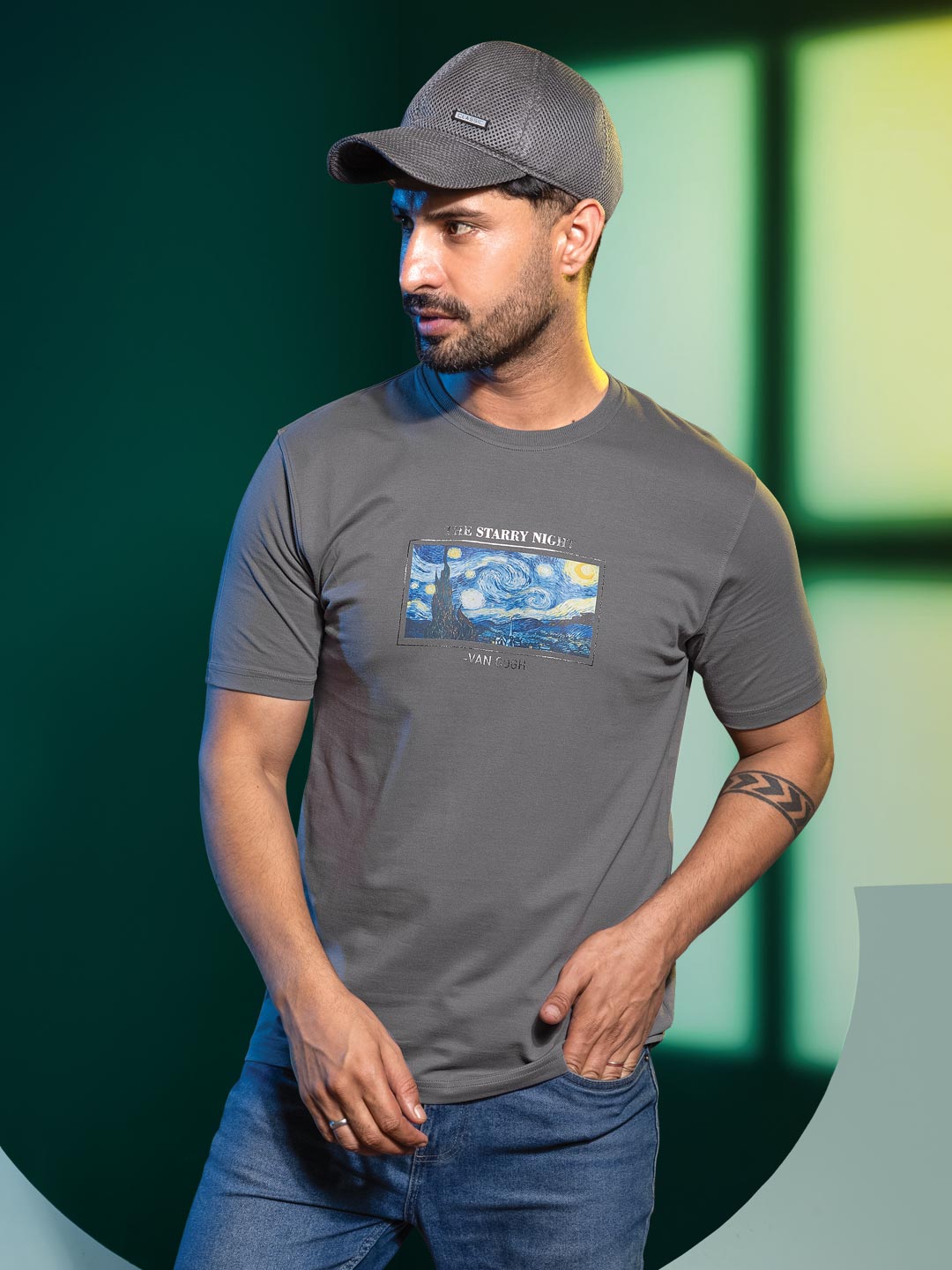 Mens round neck and half sleeve printed t-shirt color charcoal grey