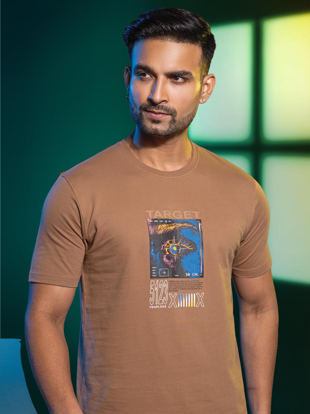 Mens round neck and half sleeve printed t-shirt color clay brown