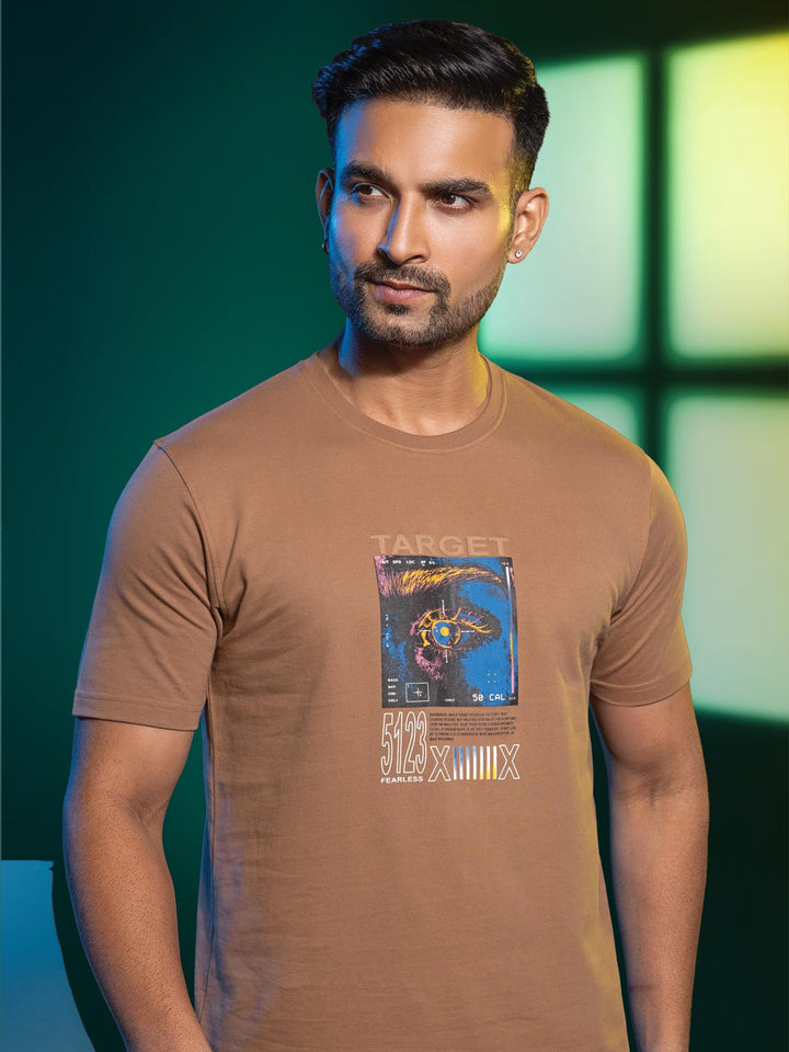 Mens round neck and half sleeve printed t-shirt color clay brown