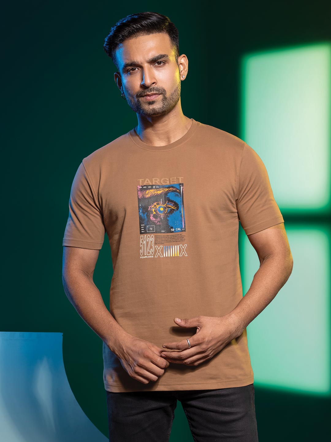 Mens round neck and half sleeve printed t-shirt color clay brown
