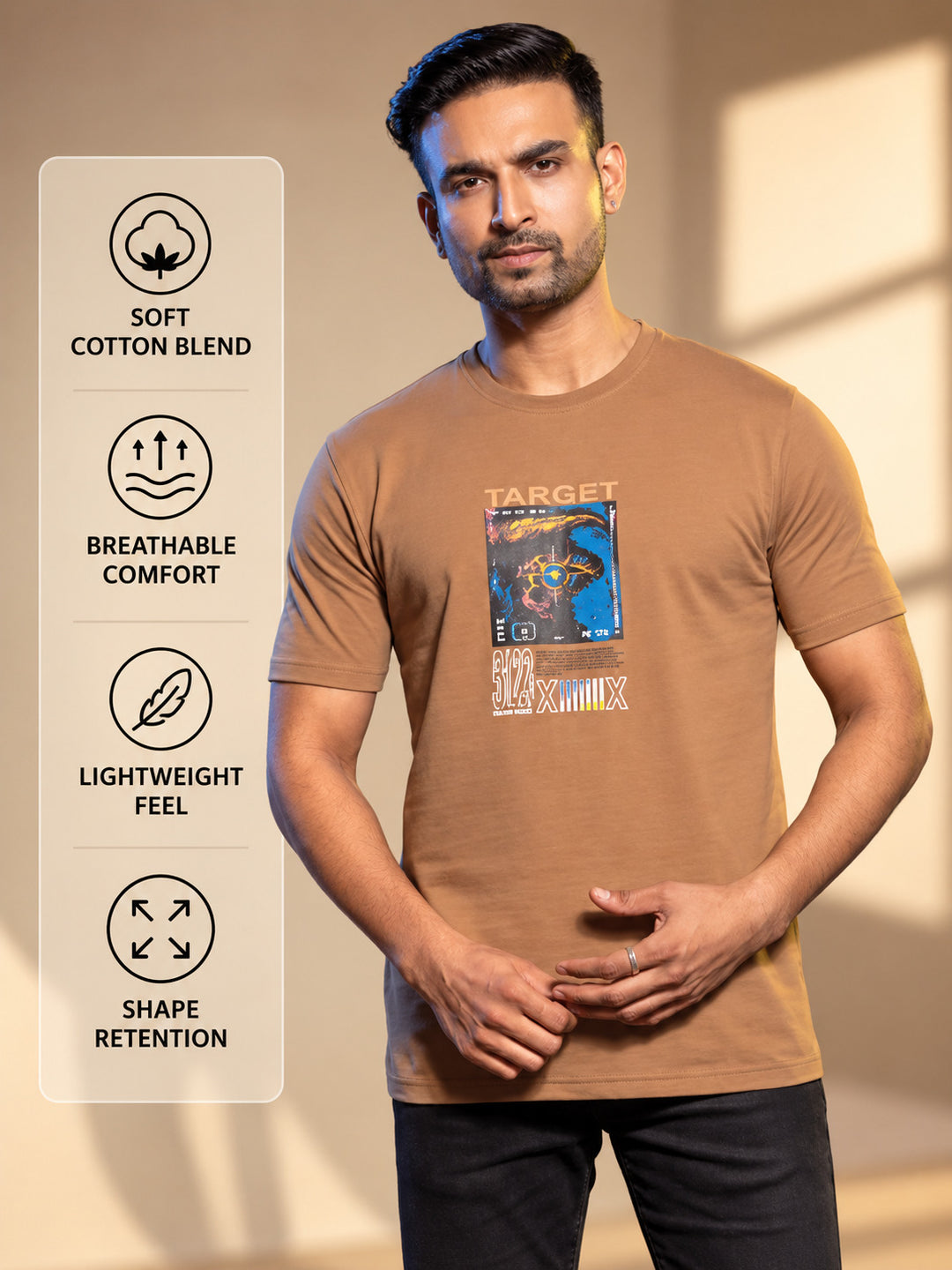Mens round neck and half sleeve printed t-shirt color clay brown