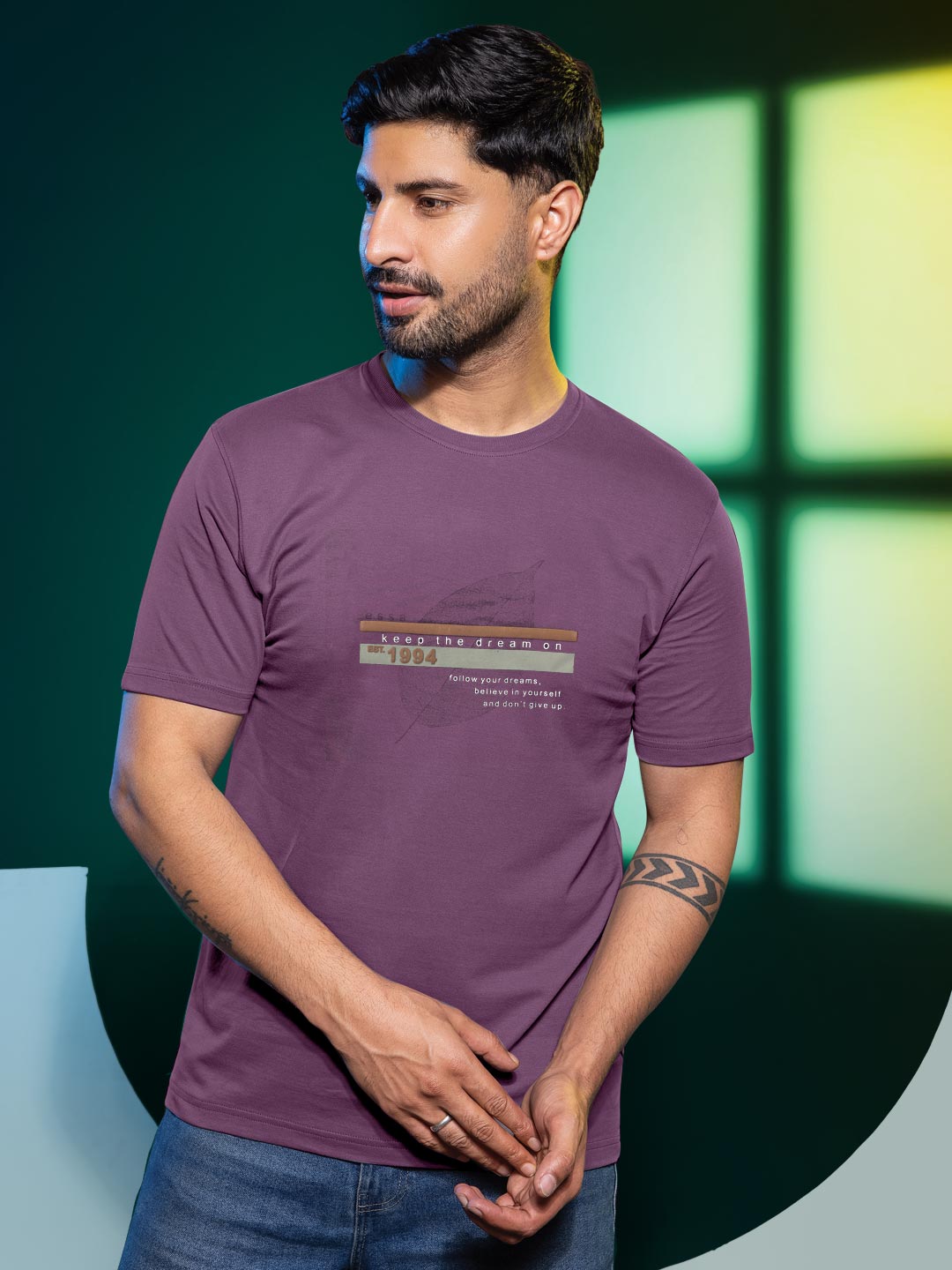 Mens round neck and half sleeve printed t-shirt color plum purple