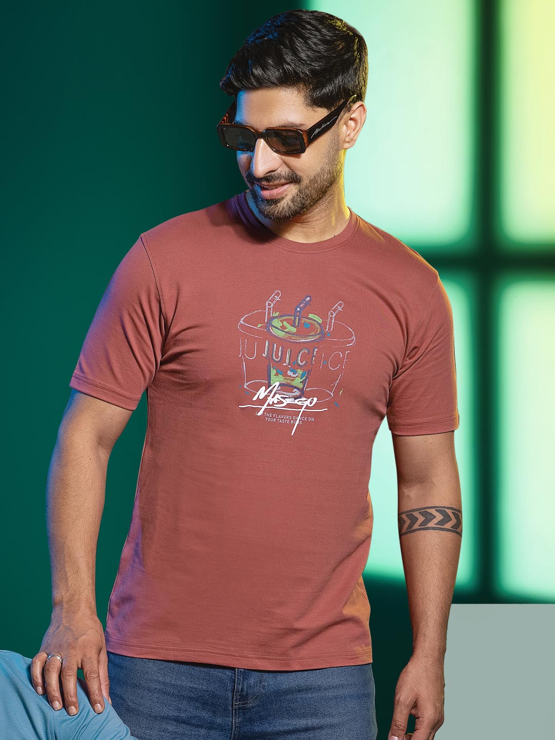 Mens round neck and half sleeve printed t-shirt color sanguine brown