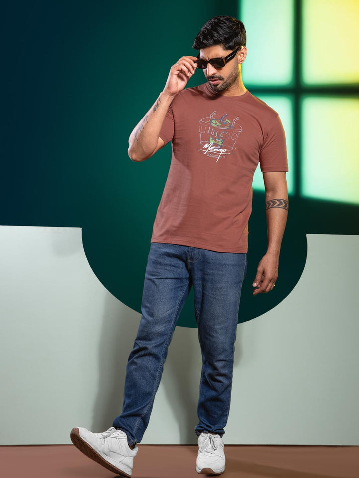 Mens round neck and half sleeve printed t-shirt color sanguine brown