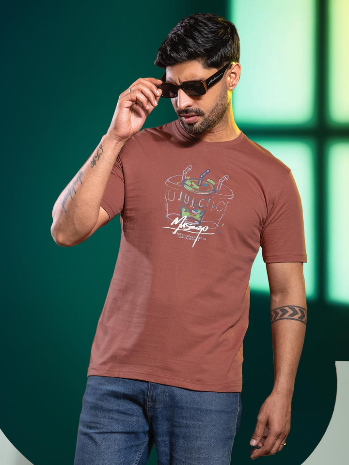 Mens round neck and half sleeve printed t-shirt color sanguine brown