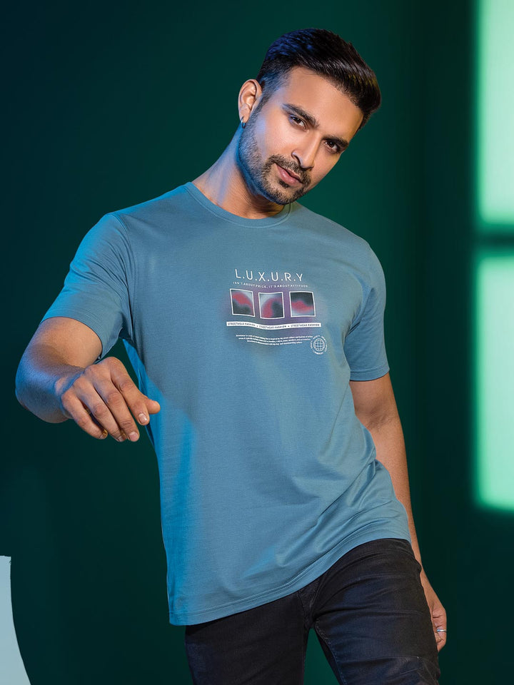 Mens round neck and half sleeve printed t-shirt color silk blue