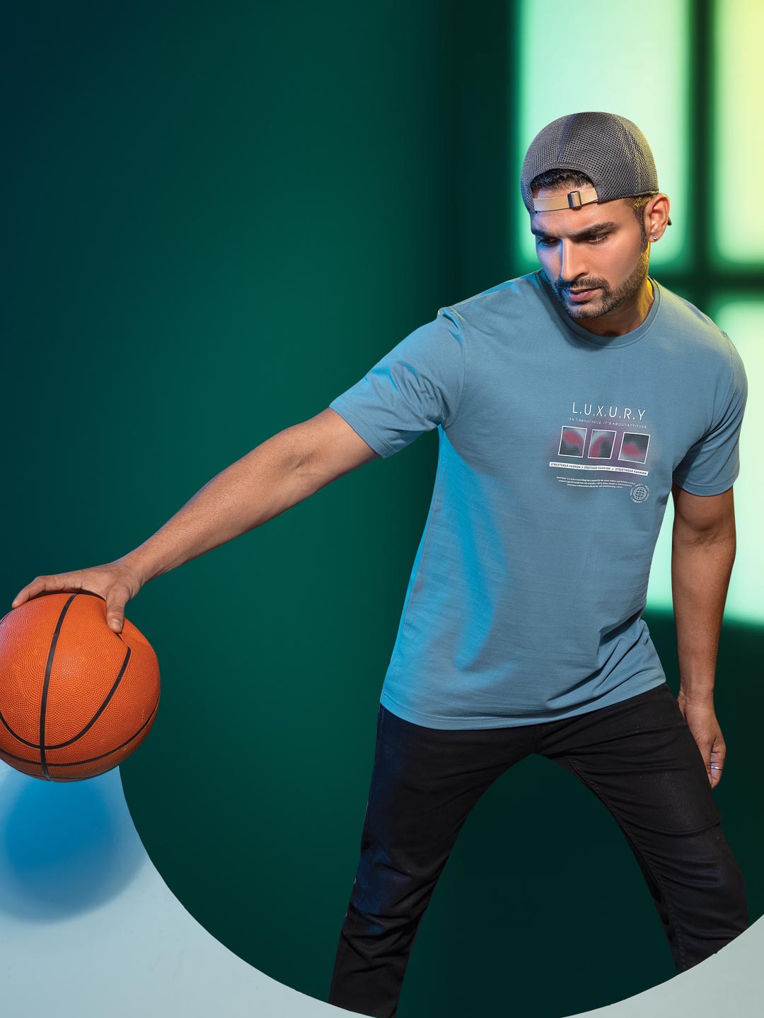 Mens round neck and half sleeve printed t-shirt color silk blue