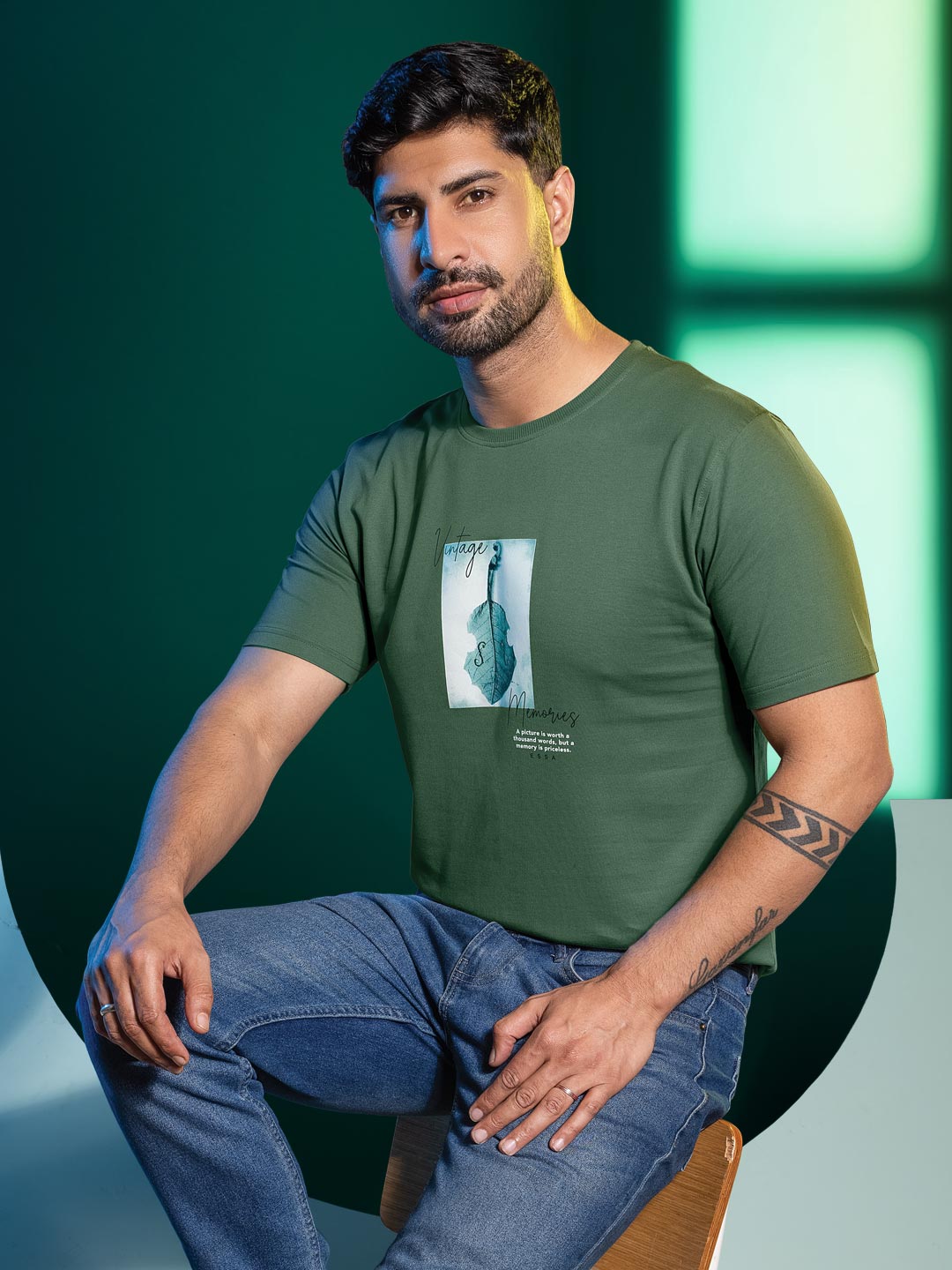 Mens round neck and half sleeve printed t-shirt color teal green