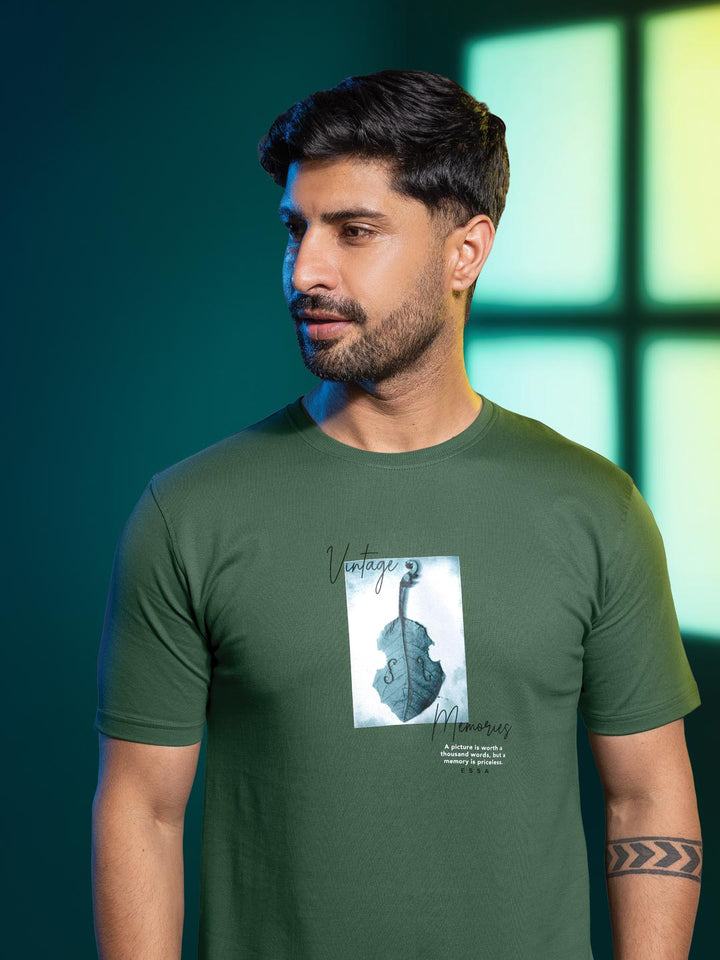 Mens round neck and half sleeve printed t-shirt color teal green