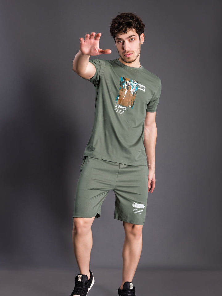 printed shorts set for men round neck t-shirt color grey asparagus