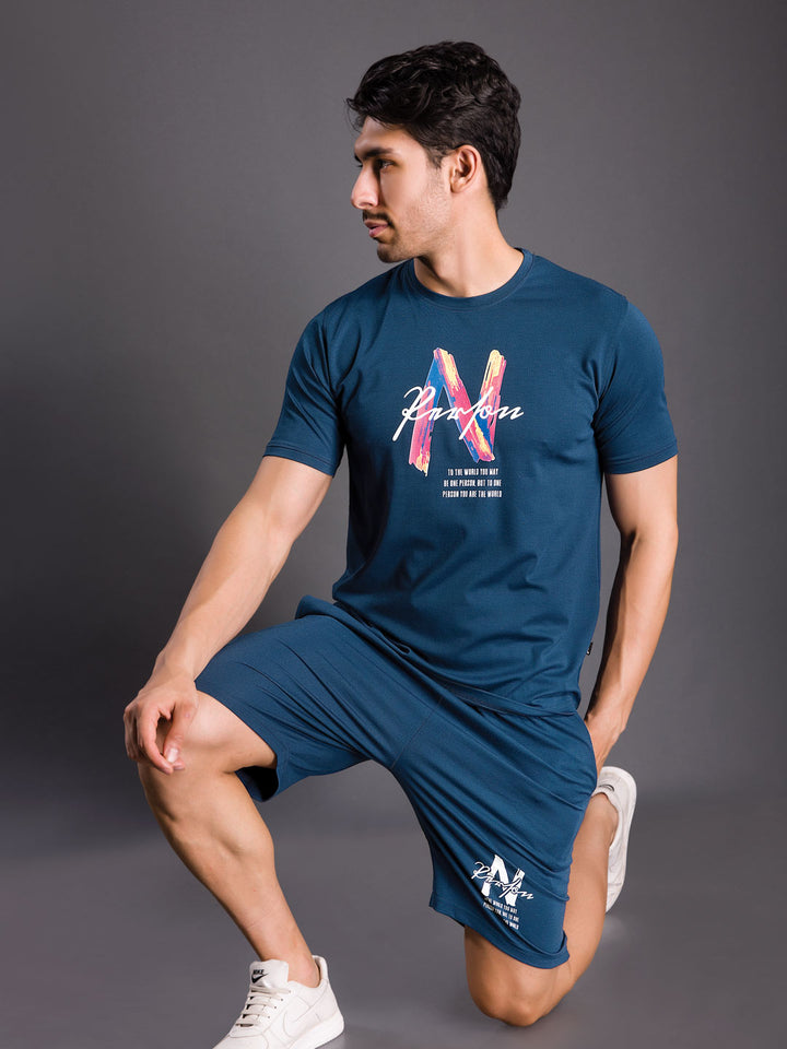 printed shorts set for men round neck t-shirt color marine