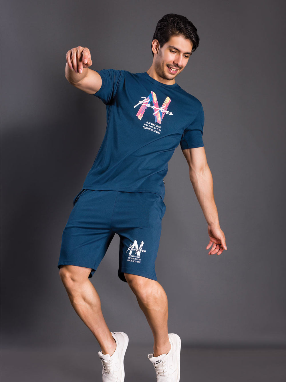 printed shorts set for men round neck t-shirt color marine