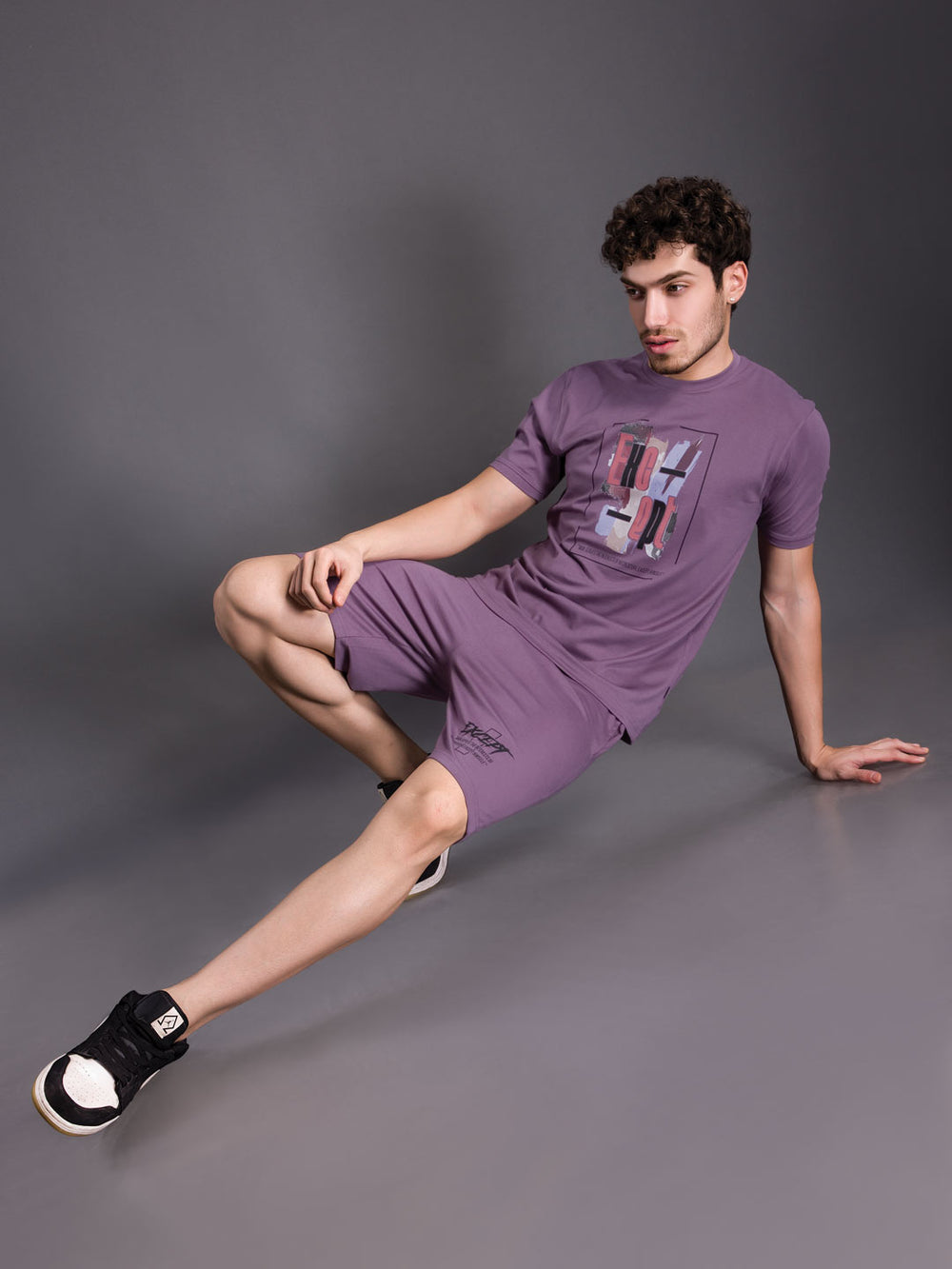 printed shorts set for men round neck t-shirt color dark lilac