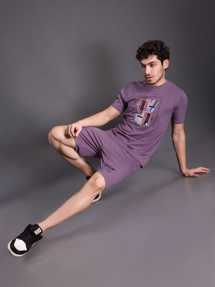 printed shorts set for men round neck t-shirt color dark lilac