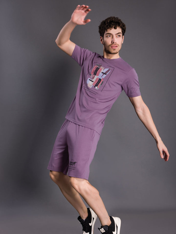 printed shorts set for men round neck t-shirt color dark lilac