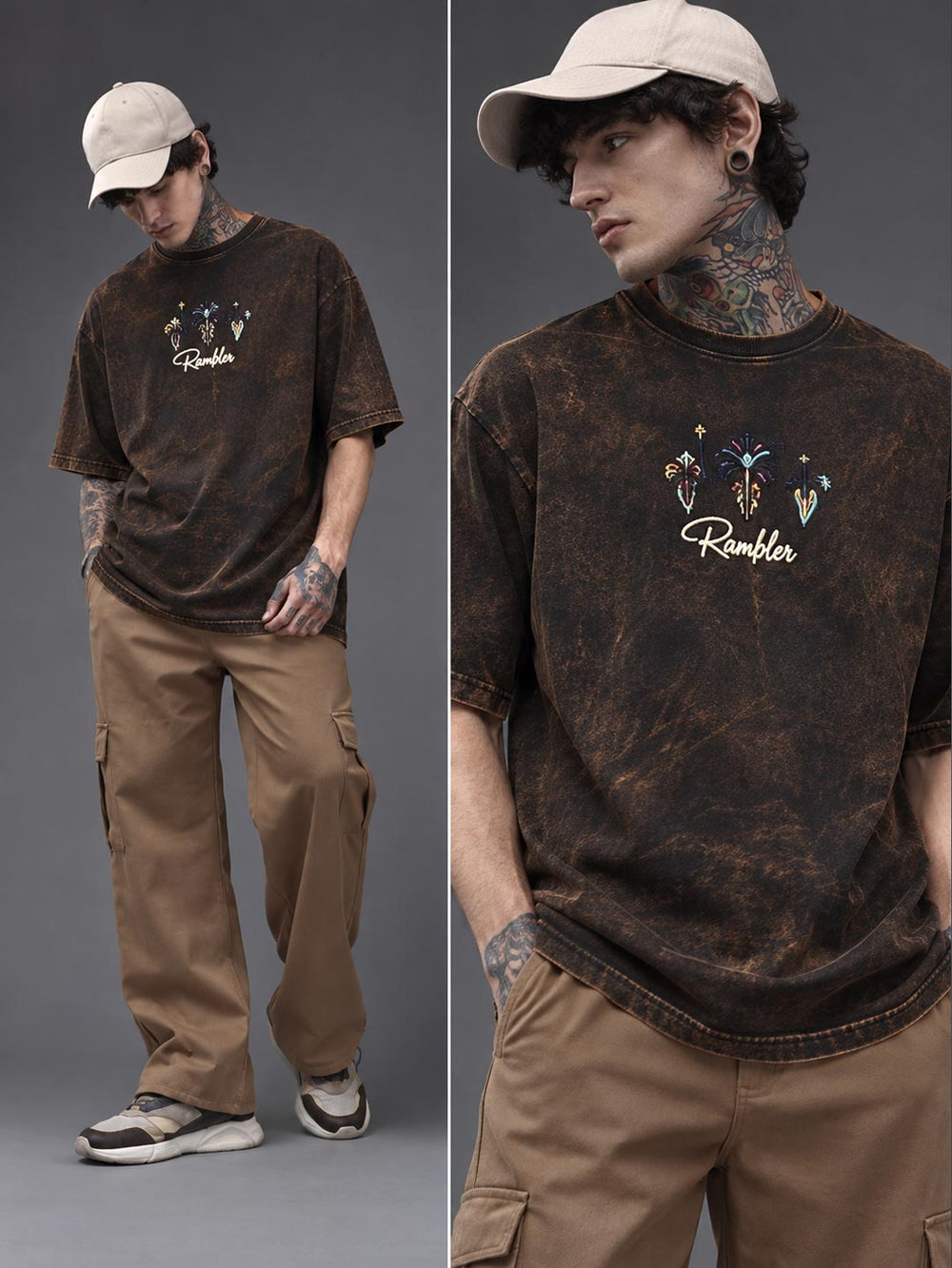 Down shoulder embroidered acid washed t-shirt for men color black