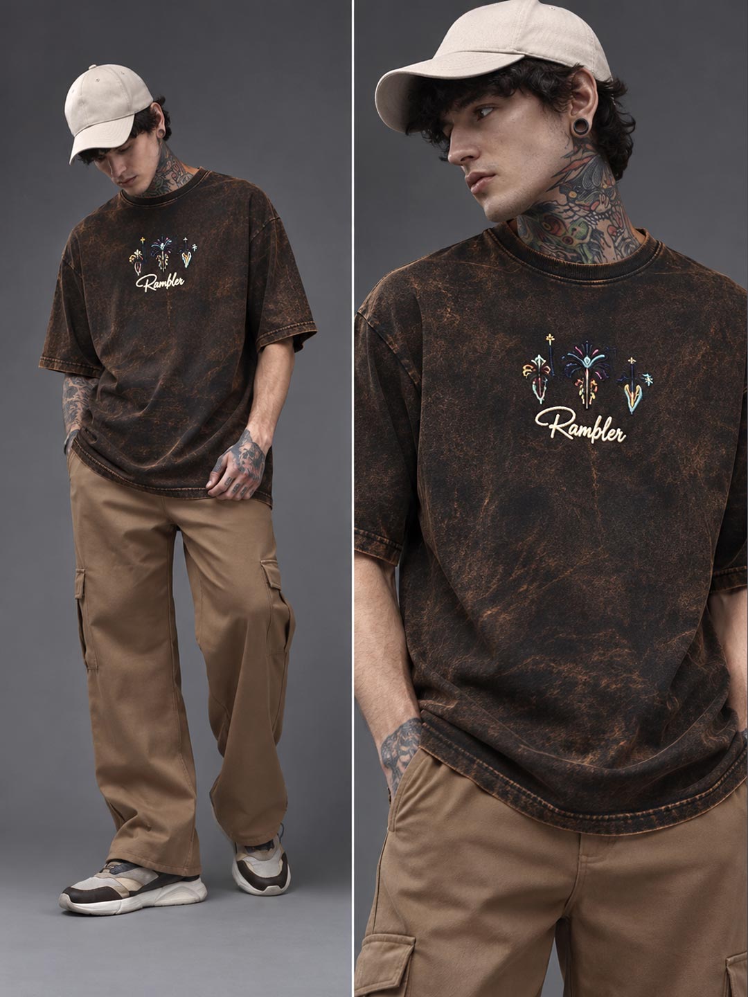 Down shoulder embroidered acid washed t-shirt for men color black