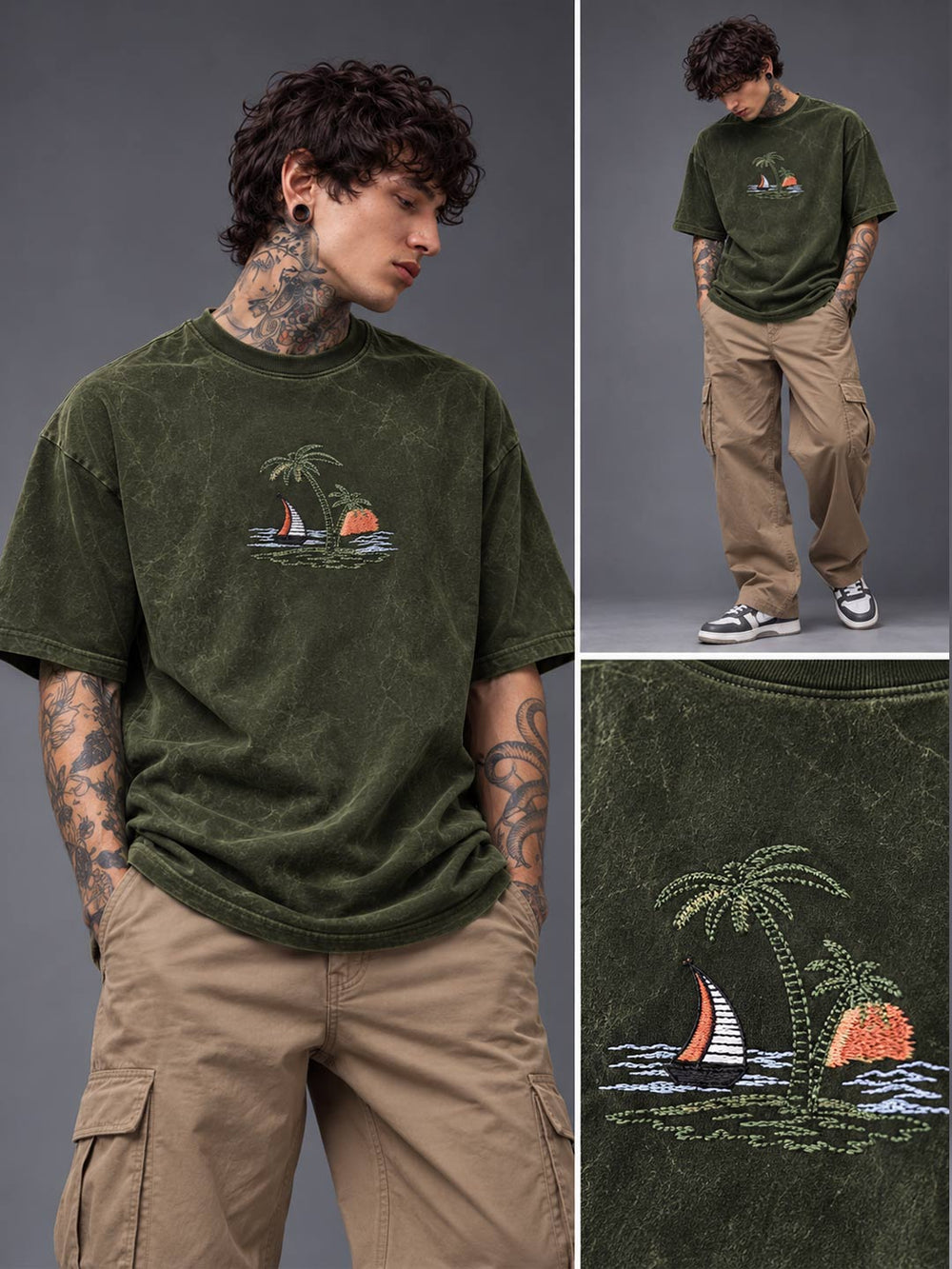 Down shoulder embroidered acid washed t-shirt for men color heavy metal