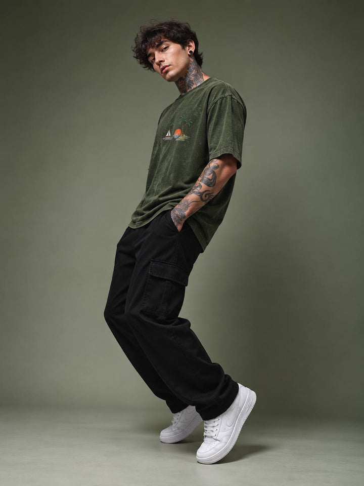 Down shoulder embroidered acid washed t-shirt for men color heavy metal