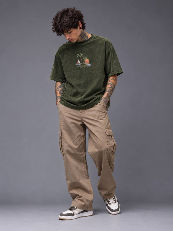 Down shoulder embroidered acid washed t-shirt for men color heavy metal