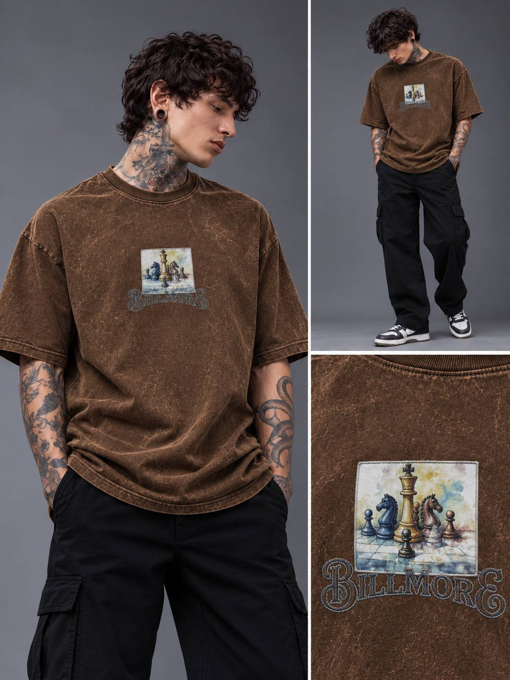 Down shoulder embroidered acid washed t-shirt for men color irish coffee