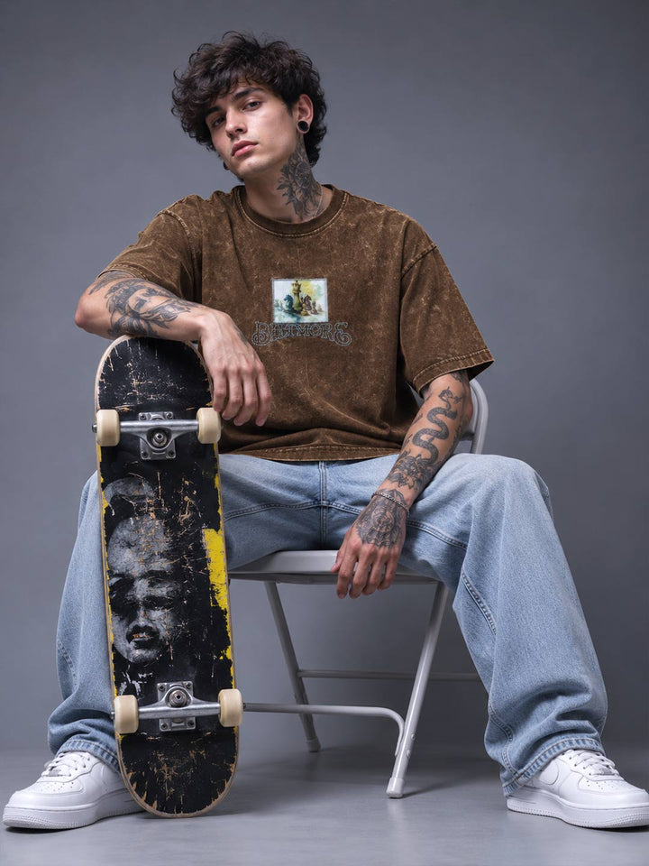 Down shoulder embroidered acid washed t-shirt for men color irish coffee