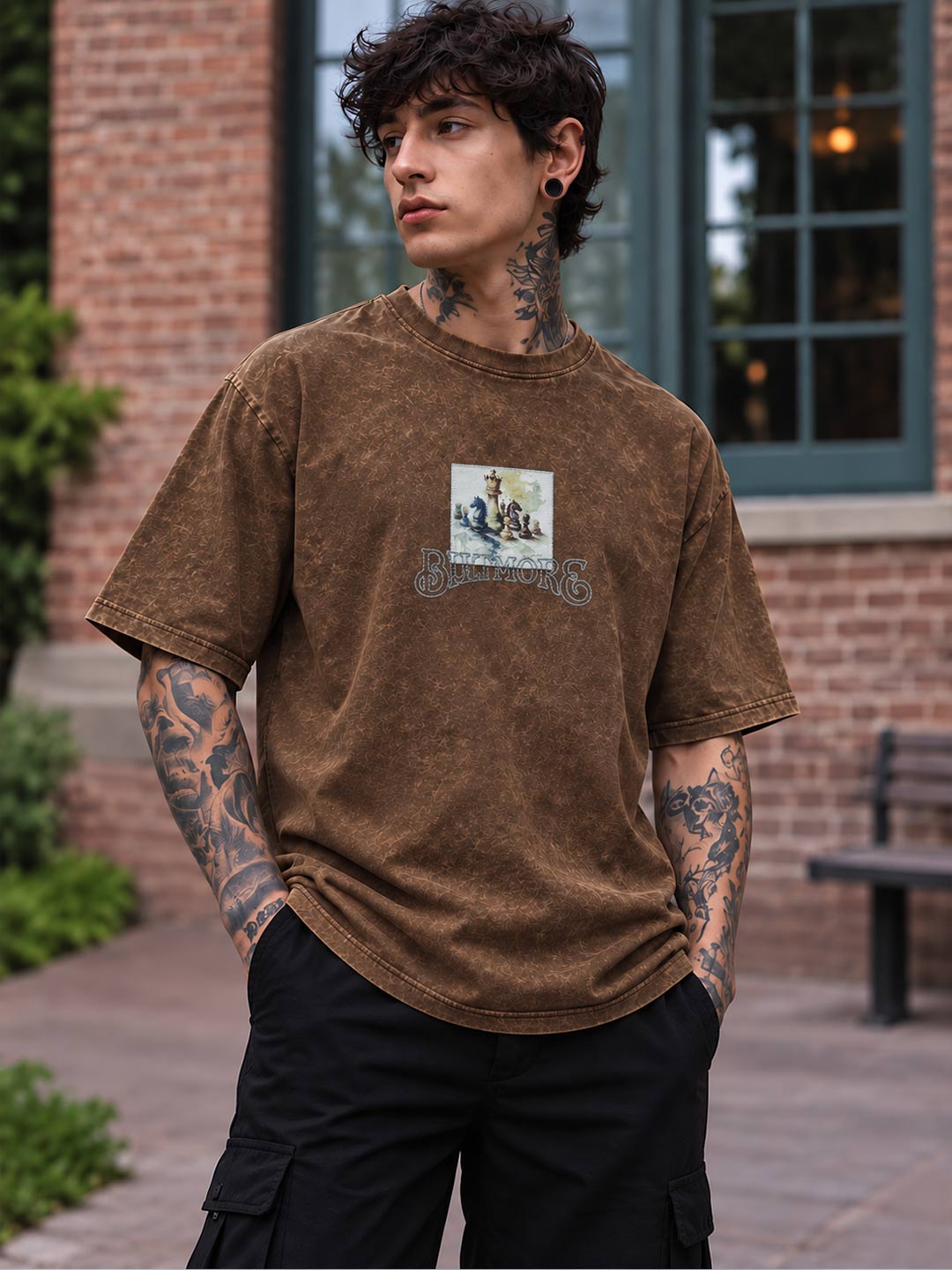 Down shoulder embroidered acid washed t-shirt for men color irish coffee