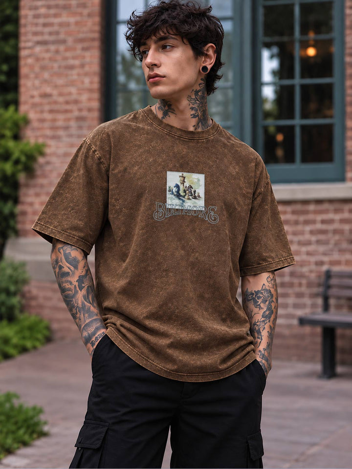 Down shoulder embroidered acid washed t-shirt for men color irish coffee