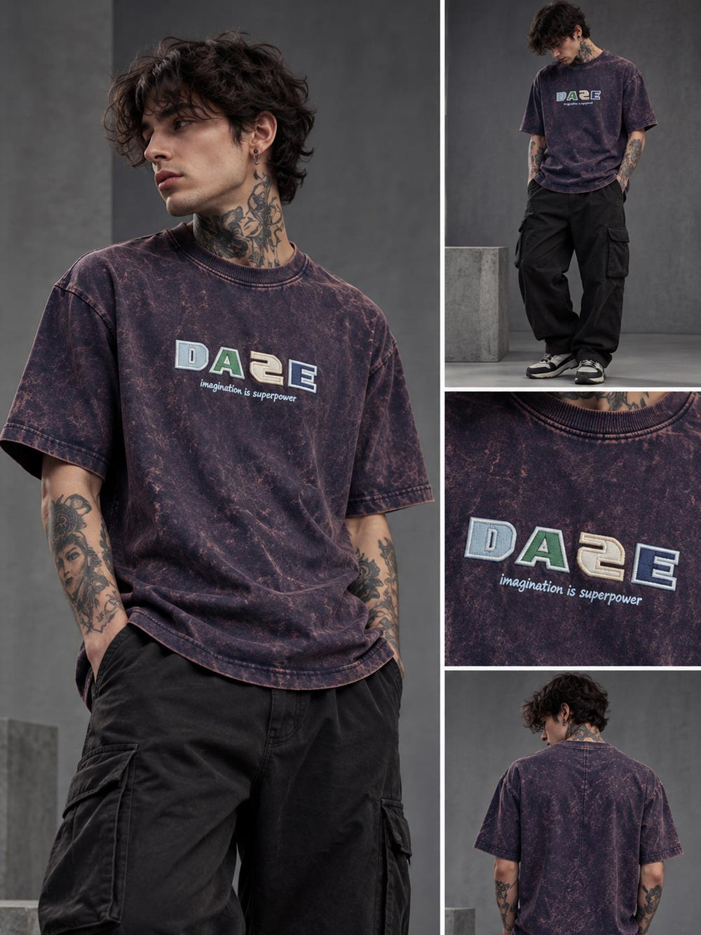 Down shoulder embroidered acid washed t-shirt for men color mirage