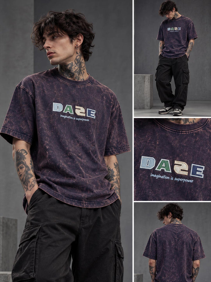 Down shoulder embroidered acid washed t-shirt for men color mirage
