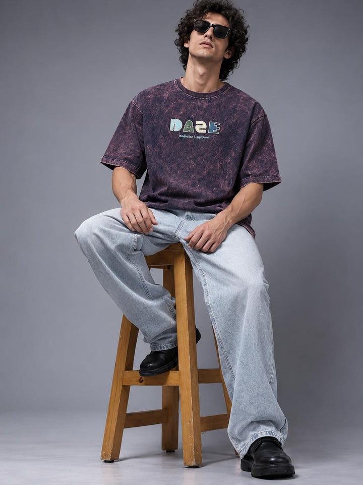 Down shoulder embroidered acid washed t-shirt for men color mirage