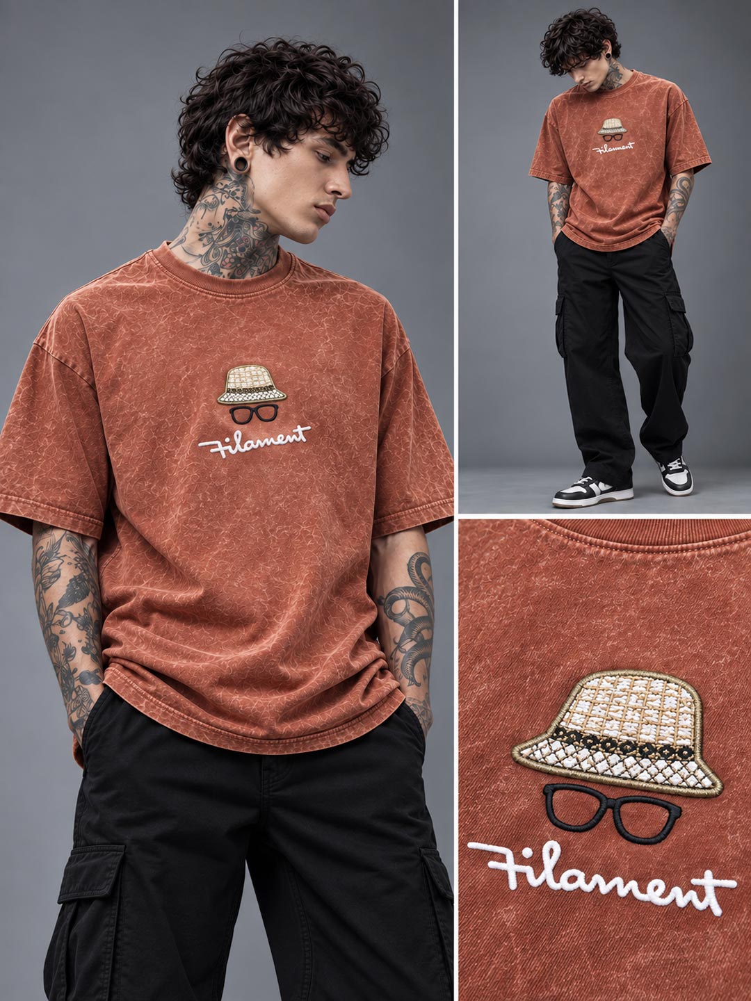 Down shoulder embroidered acid washed t-shirt for men color pale carmine