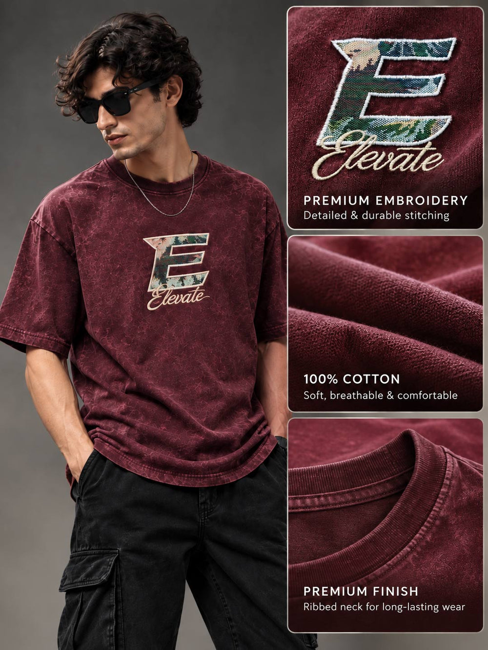 Down shoulder embroidered acid washed t-shirt for men color wine berry
