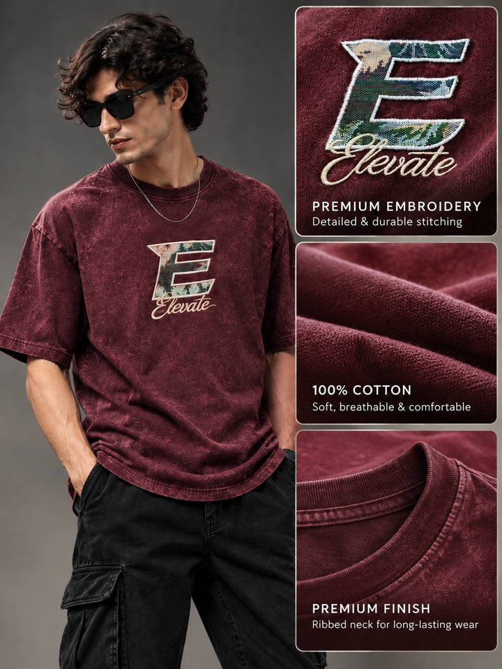 Down shoulder embroidered acid washed t-shirt for men color wine berry