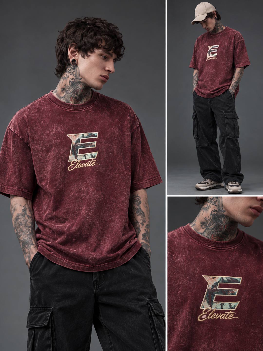 Down shoulder embroidered acid washed t-shirt for men color wine berry