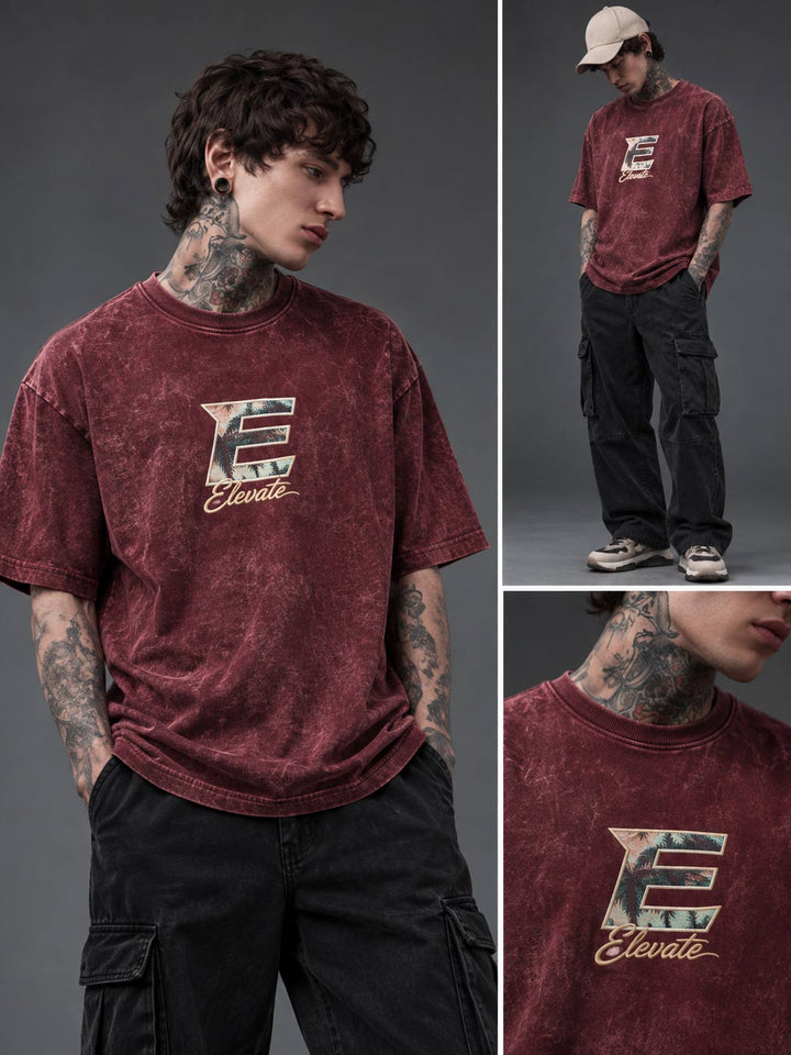 Down shoulder embroidered acid washed t-shirt for men color wine berry