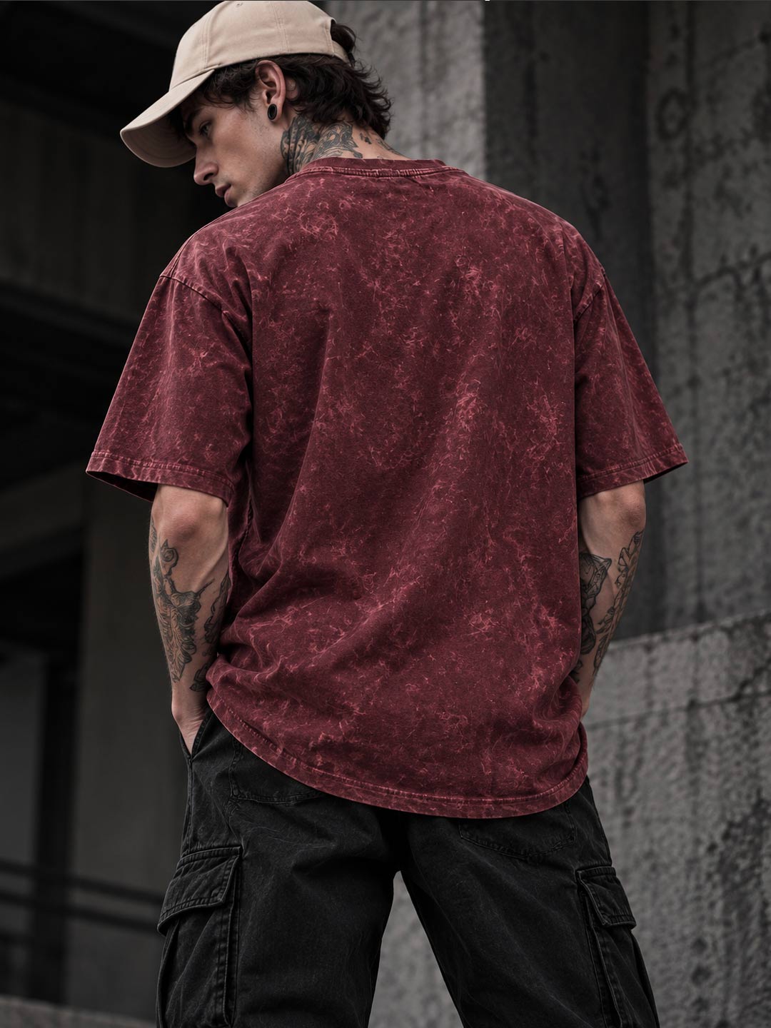 Down shoulder embroidered acid washed t-shirt for men color wine berry