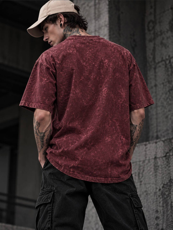 Down shoulder embroidered acid washed t-shirt for men color wine berry