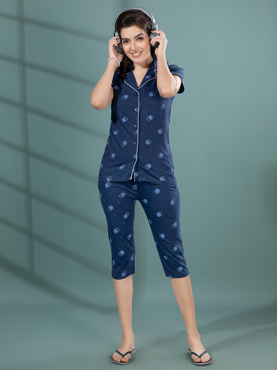 yashika-23 women printed 3/4th night suit #color_dark-navy-blue