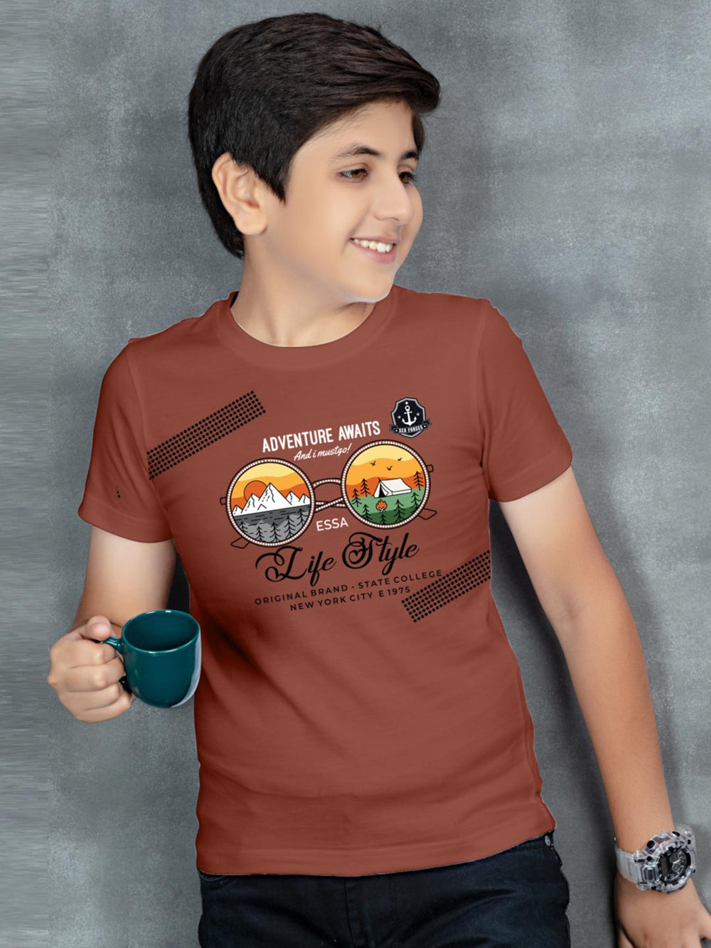 printed round neck t-shirt for boys half sleeve #color_cumin