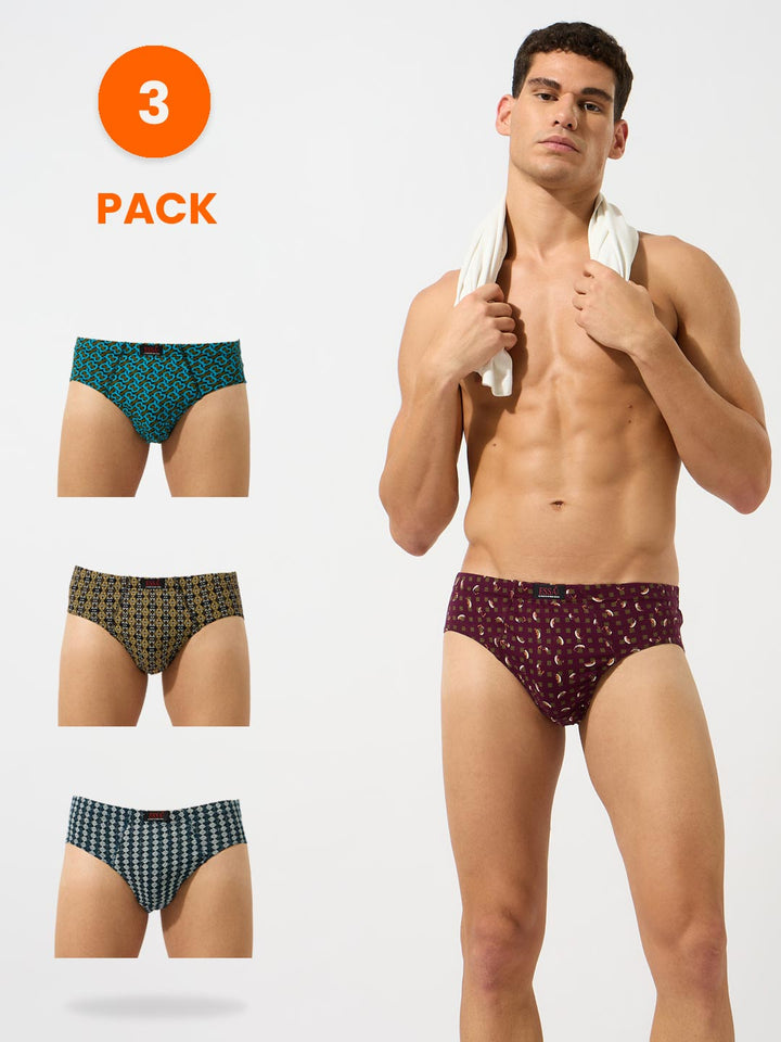 Men's printed cotton briefs pack of 3 assorted colors front view