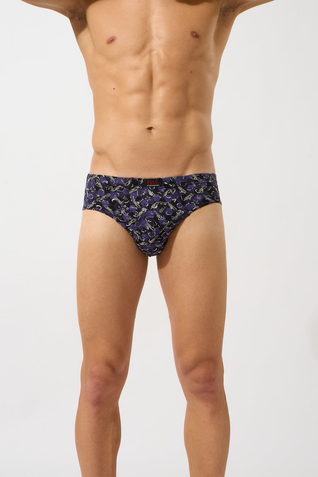 Men's navy blue printed cotton brief front view