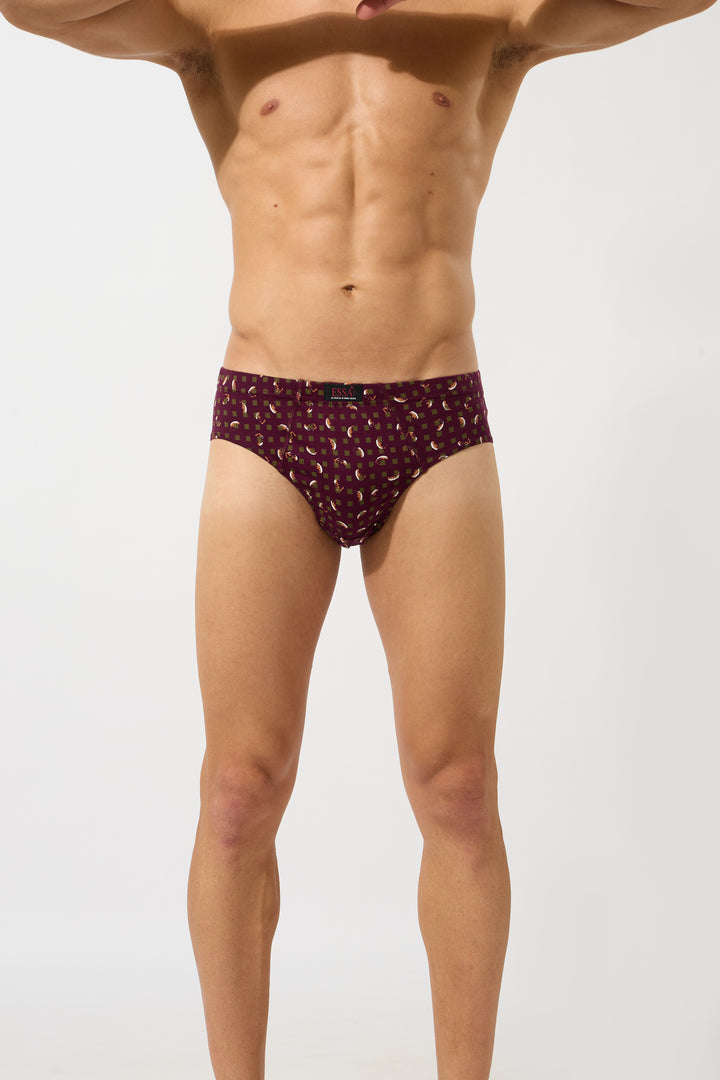 Men's maroon printed cotton brief front view