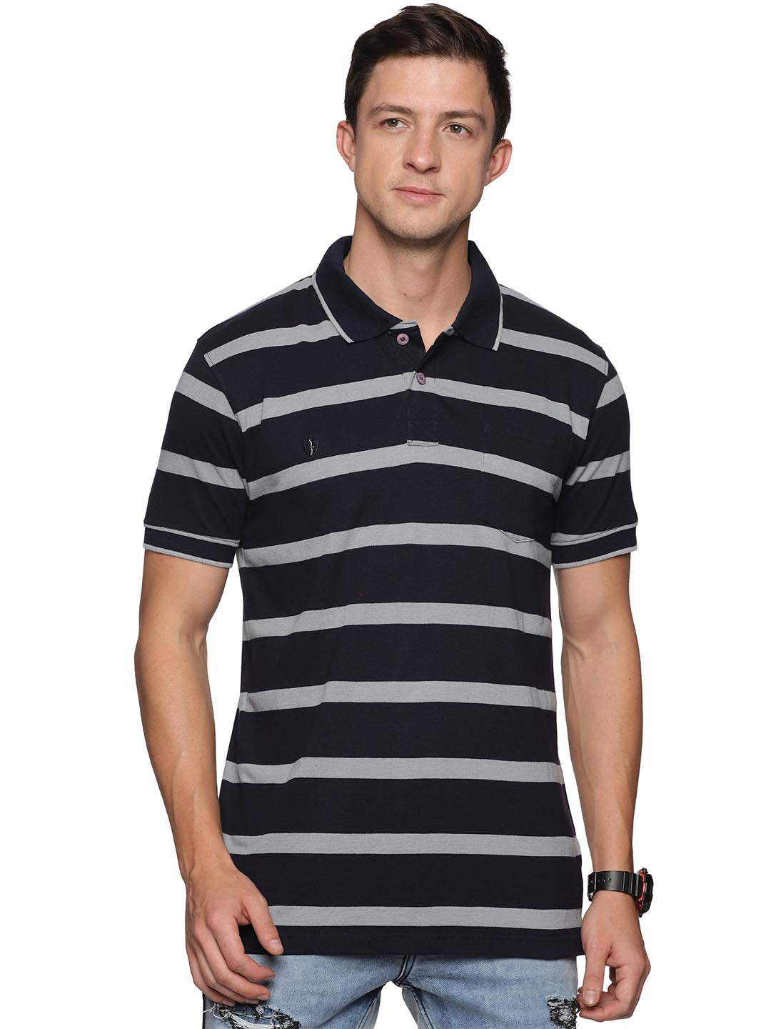 royal striped-3 collar polo t-shirt for men #color_black