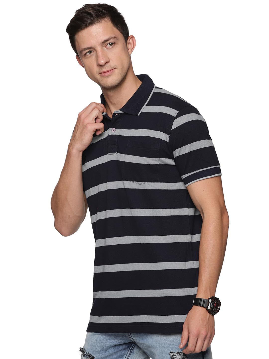 royal striped-3 collar polo t-shirt for men #color_black