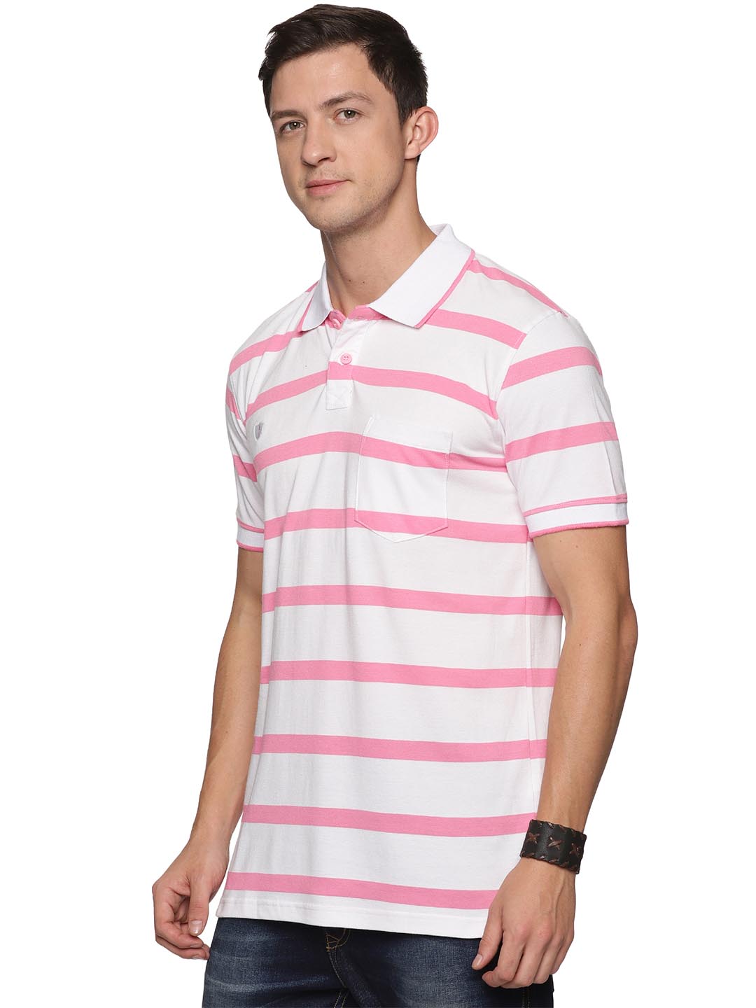 royal striped-3 collar polo t-shirt for men #color_pink